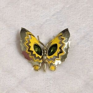 Vintage Yellow & Goldtone Butterfly Brooche w/ Green Marquee Rhinestone Accent